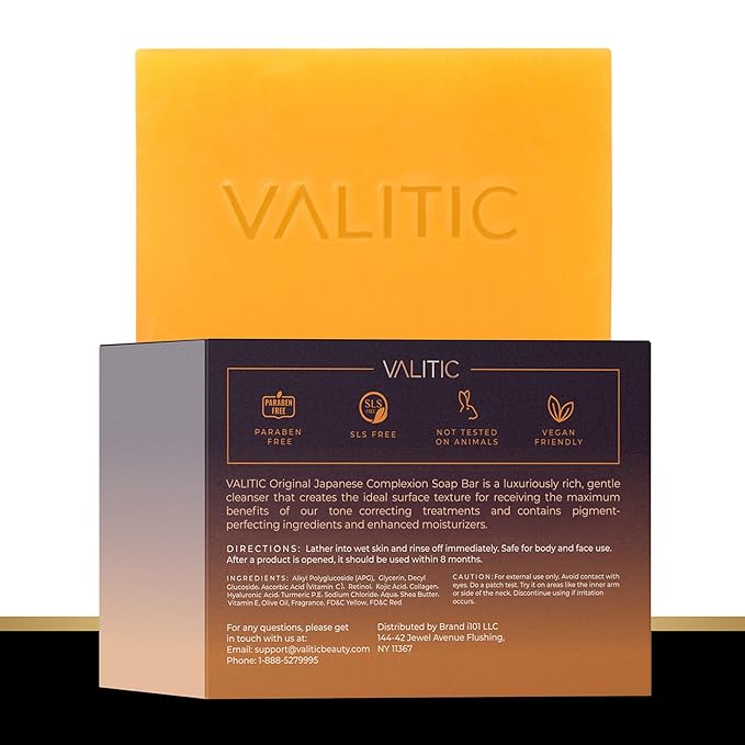 VALITIC 2 Pack Kojic Acid Dark Spot Corrector Soap Bars with Vitamin C, Retinol, Collagen, Turmeric - Original Japanese Complex - Hyaluronic Acid Bundle with 2 Black Exfoliating Gloves for Body Scrub