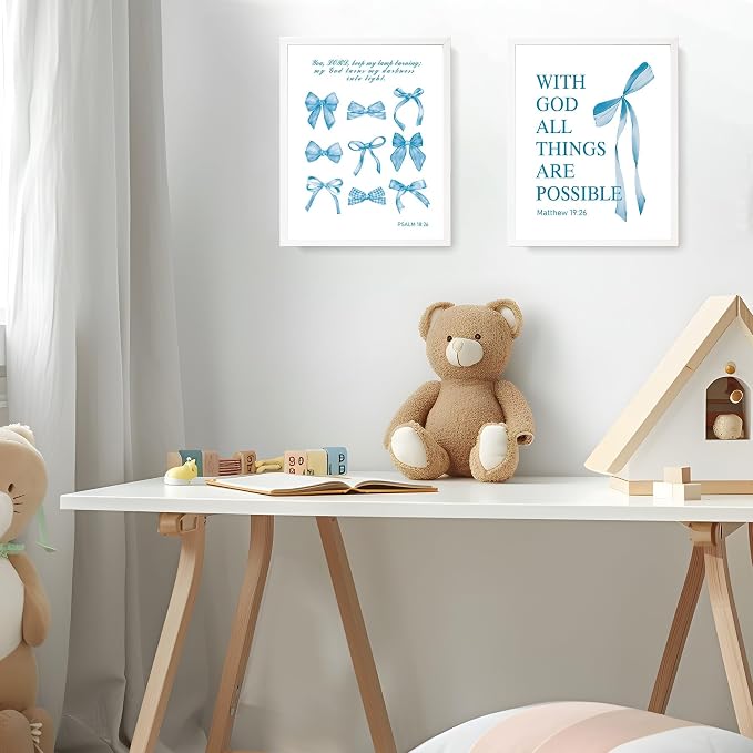 LARTSFRO Coquette Blue Bow Bible Wall Art Decor Poster, Blue Bow Bathroom Decor, Aesthetic Teen Girl Living Room Bathroom Decor, Trendy Gifts for Women Teens Teen Girls, 10x8 Inch Set of 4 Unframed