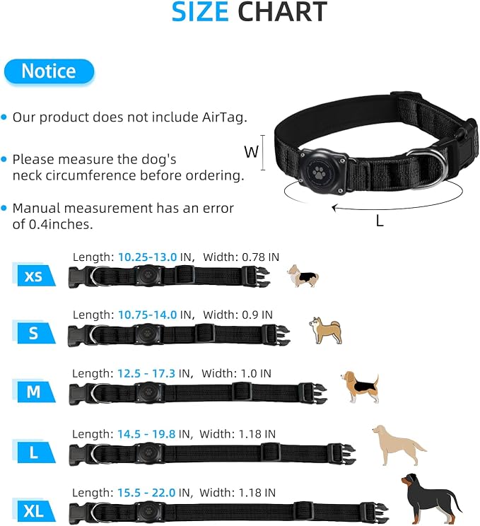 Upgrade Dog Collar with AirTag Holder, IP68 Waterproof, Black, L | Built-in Water Resistant AirTag holder, 1000D Nylon, Reflective Stitching for Night Visibility, Soft padding for Comfort