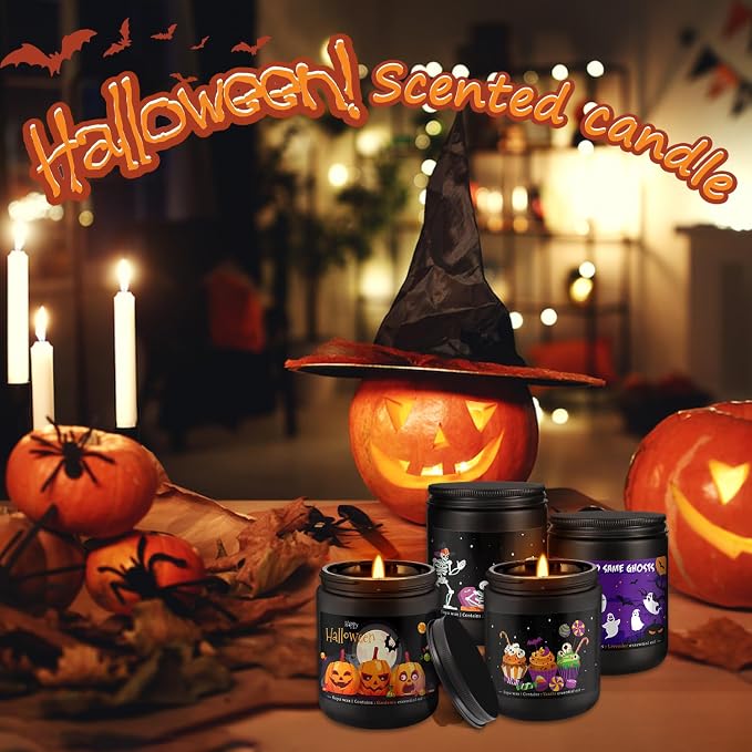 Halloween Scented Candles Set of 4 (7oz Each) β Spooky Aromatherapy Soy Wax Candles with Bat & Ghost Designs, Smokeless for All Saints' Day, Home Decor & Festive Gifts