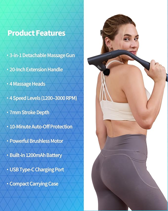 3-in-1 Detachable Massage Gun Deep Tissue, Ergonomic Extension Handle Back Massager for Pain Relief, Portable Percussion Muscle Massager for Shoulder, Thigh, Waist & Neck