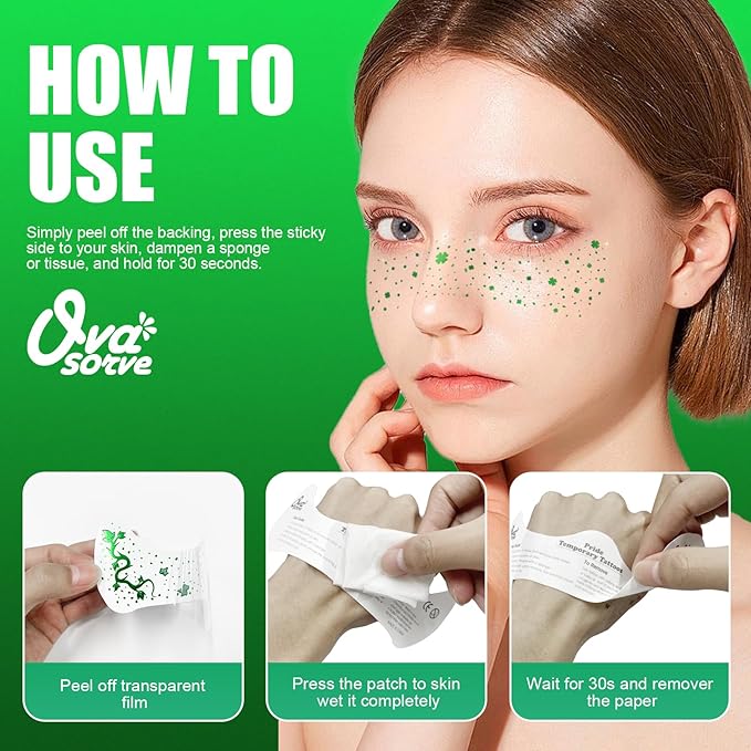 Lucky Clover Freckles - Green Holographic Face Jewels | Waterproof Wish Stickers for Daily Luck & Festivals (8 Sheets)