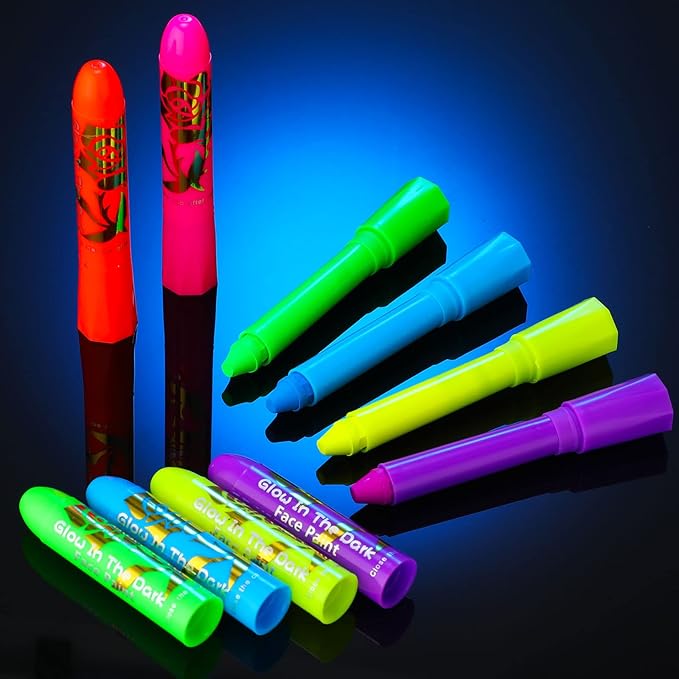 Handepo 24 Pcs Glow in the Black Light Face Paint Crayons Neon Face Body UV Light Paint Kit Fluorescent Halloween Masquerade Makeup for Adult Mardi Gras Parties(Rainbow Color)