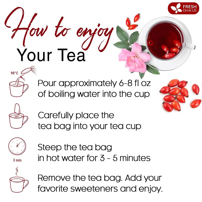 FreshDrinkUS, Premium 75 Rosehip Tea Bags, 100% Natural & Pure from Rose Hip Fruits. Loose Rosehip Herbal Tea. Made with Natural Material Tea Bags. No Sugar, No Caffeine, No Gluten, Vegan.