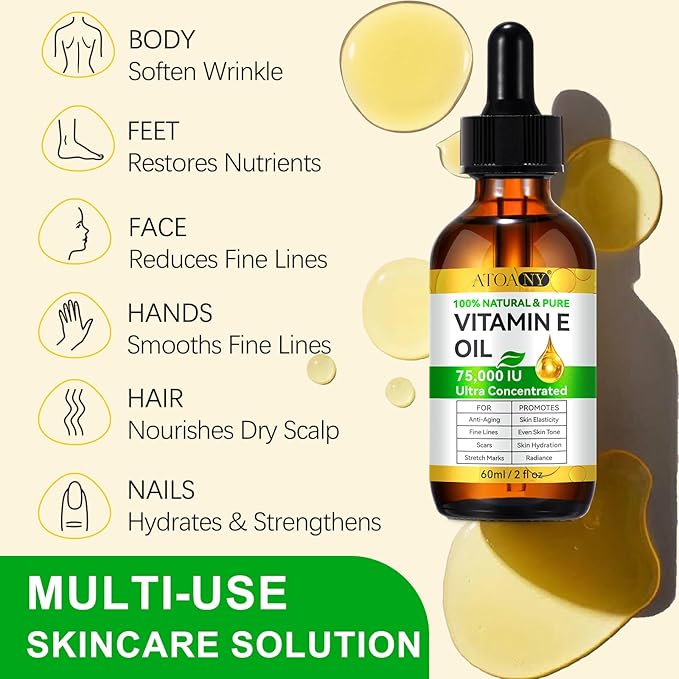Vitamin E Oil, Pure Vitamin E Oil, Vitamin E Oil Blend 75,000 IU for Plump Skin, Reduce Fine Lines & Scars, Moisturizing Skin, for Skin, Scars, Face & Full Body- 2Fl Oz