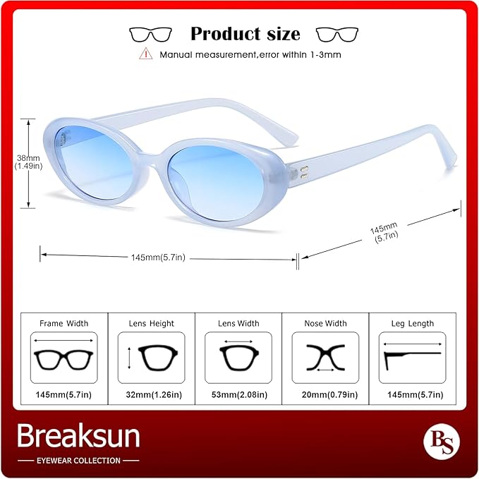 Breaksun Retro Oval Sunglasses for Women Men Fashion Small Oval Sunglasses 90s Vintage Shades