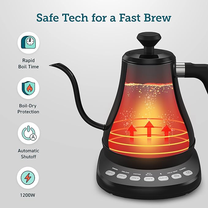 Cosori Electric Gooseneck Kettle Smart Bluetooth with Variable Temperature Control, Pour Over Coffee & Tea, 100% Stainless Steel Inner Lid & Bottom, Quick Heating, Matte Black