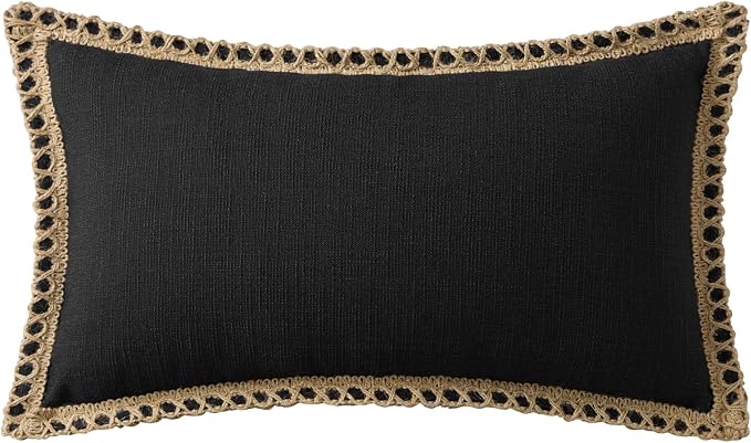 Phantoscope Pack of 2 Farmhouse Decorative Solid Pillow Cover Burlap Linen Trimmed Tailored Edges, Black, 12 x 20 inches, 30 x 50 cm