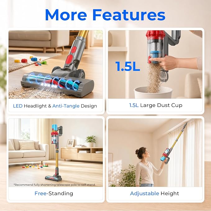 Cordless Vacuum Cleaner, 600W/55KPa/75Min Powerful Stick Vacuum Cleaner