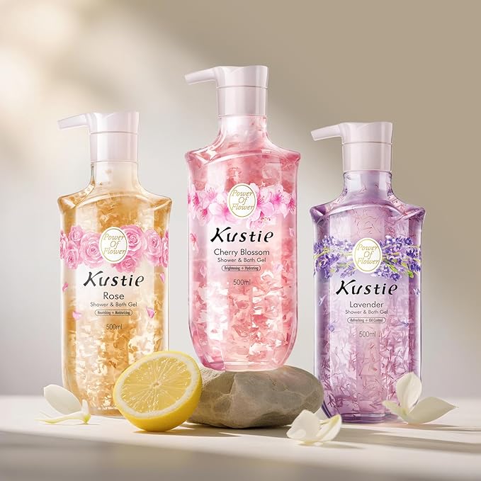 Kustie Lavender Petal Body Wash – Real Visible Provence Petals with Tea Tree Oil | Oil-Control & Pore-Clearing Cleanser for Balanced Skin | Free From Paraben, Sulfate & Phthalate | 16.9 Fl Oz