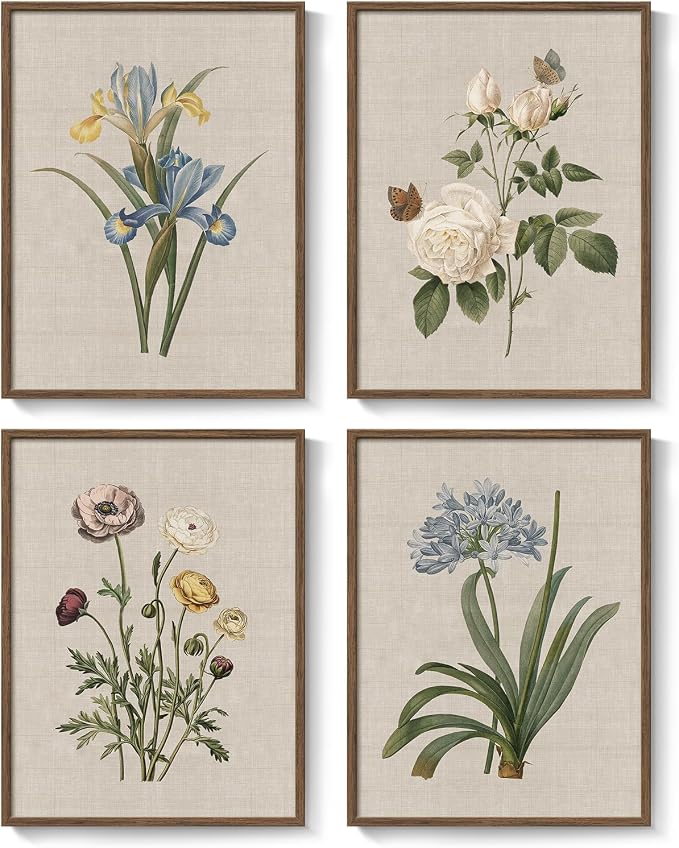 Framed Vintage Floral Botanical Wall Art for Living Room, 4 Piece 12x16 In | Modern farmhouse wall decor, Flower pictures, Rustic retro paintings, Ready to hang canvas prints, Kitchen bedroom home decor