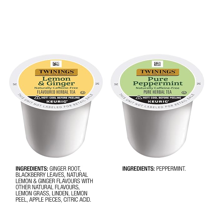 Twinings Pure Peppermint Herbal Tea K-Cups for Keurig, 24 Count (Pack of 1) + Lemon & Ginger Herbal Tea K-Cups for Keurig, 24 Count (Pack of 1)