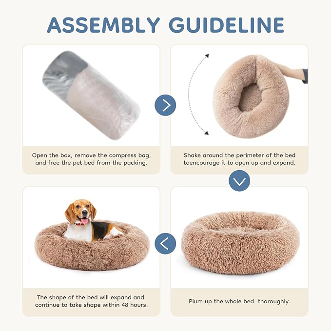 DUMOS 37.4 Inch Large Donut Dog Bed for Indoor Use, Fluffy Faux Fur Plush | Warming Cozy Round Pet Bed, Machine Washable Cuddler, Anti-Slip Bed for Dogs and Cats, Brown