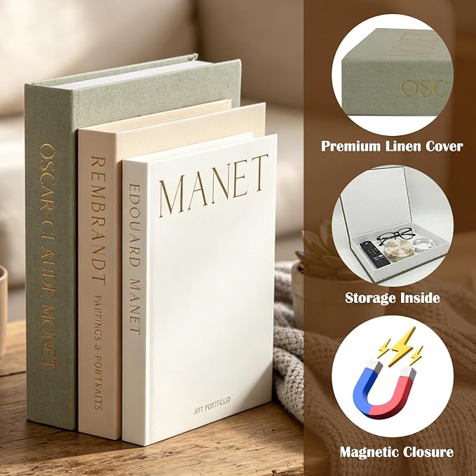 Decorative Books for Home Decor, Set of 3 Linen Faux Books with Hidden Storage Aesthetic Coffee Table Books for Shelf, Mantle or Entryway Hollow Book Box for Keepsake, Photo & Jewelry Organization