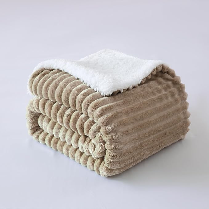 Tan Sherpa Fleece Throw Blanket 50”×60” for Couch Sofa Bed | Double Side Soft Fuzzy Cozy Plush Thick Flannel Blanket with Striped Design Gift for Adults,Woman