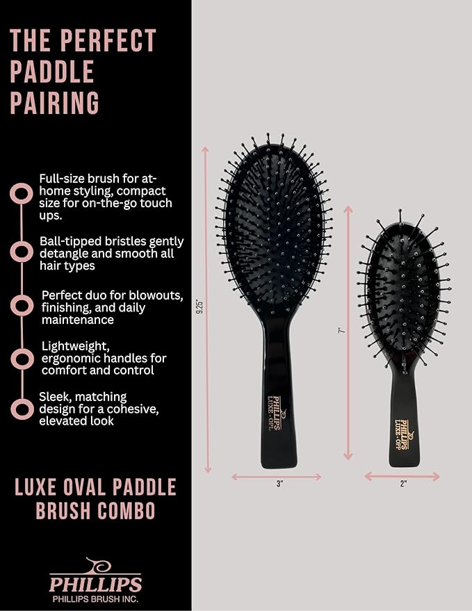 Phillips Brush Luxe Series Oval Paddle Hairbrush Combo Pack – Full Sized 9.25 inch Detangler + 7 inch Petite Size Travel Detangler, Sleek Black Color with Gold Accents