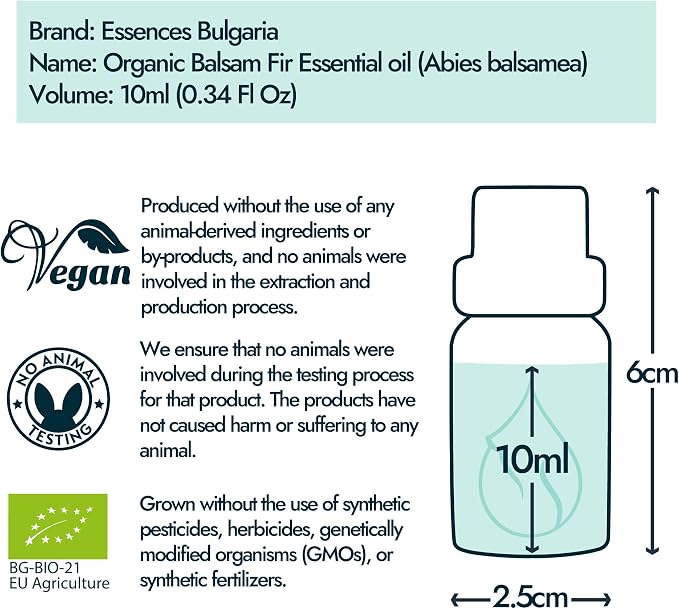 Essences Bulgaria Balsam Fir Essential Oil 10ml (0.34 Fl Oz) | Abies balsamea | 100% Pure, Natural, Undiluted | Aromatherapy, Cosmetics | Non-GMO, Cruelty-Free