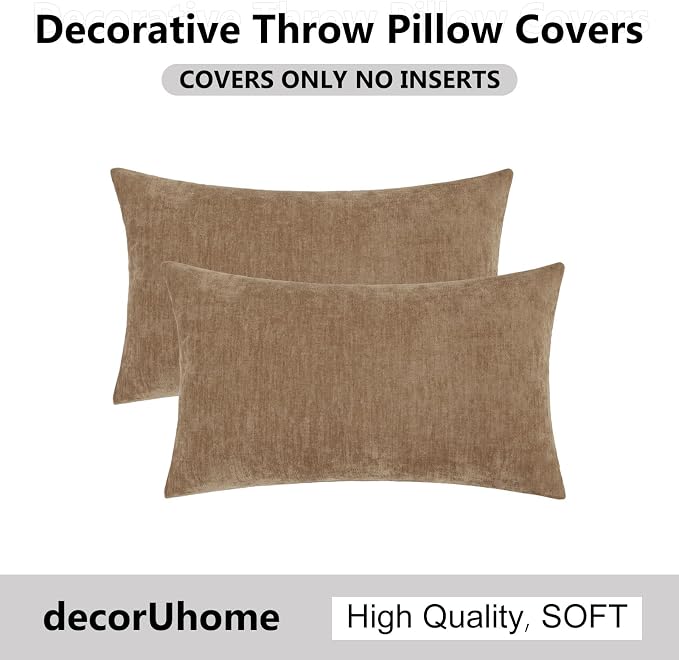 decorUhome Soft Chenille Brown Throw Pillow Covers 12X20 Set of 2 | Decorative Fall Couch Pillow Covers Solid Dyed Accent Modern Farmhouse Neutral Rectangle Pillow Cases for Sofa