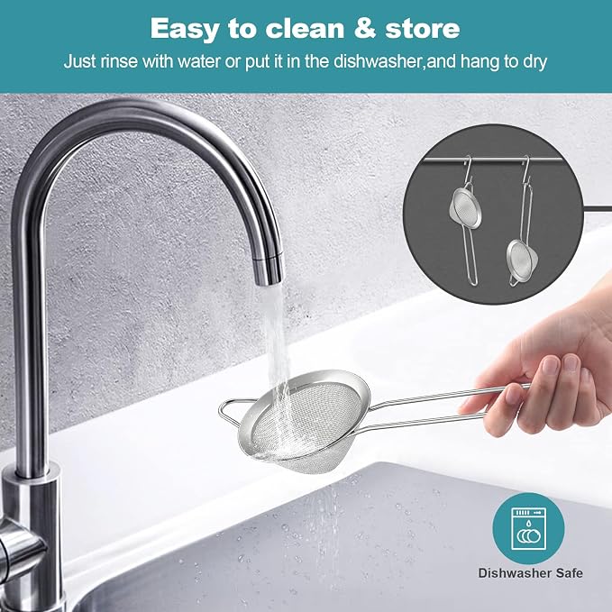 2 Pack Fine Mesh Strainer, Small Stainless Steel Sieves with Handles, for Steeping Loose Leaf Tea, Straining Cocktail, Juice and Sifting Flour, Powdered Sugar (2pcs-Conical)