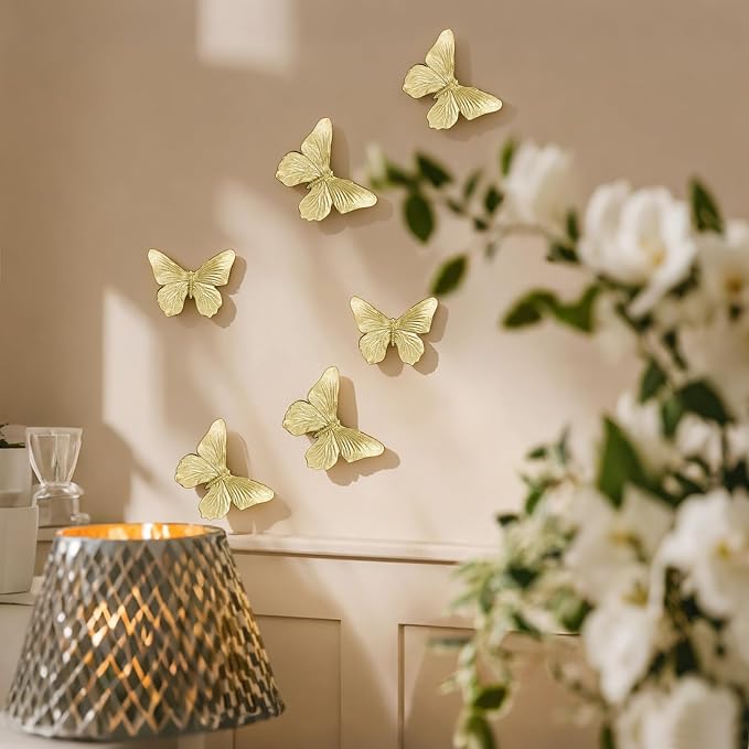 GUSFREUD 3D Butterfly Wall Decor Set – Resin Wall Decor for Living Room, Bedroom, Bathroom, Dining Room, Outdoor and Gallery Walls - Antique Gold - Set of 3