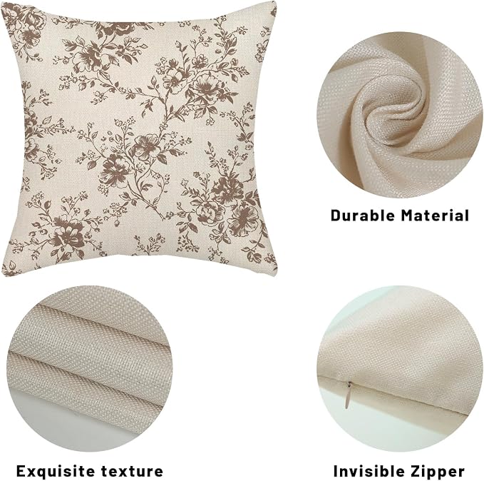 Brown and Cream Flower Pillow Covers 18x18 Set of 2 Chinoiserie Floral Decorative Throw Pillows Vintage Toile Flower Pillowcase Linen Outdoor Farmhouse Cushion Cover for Couch Sofa Decor