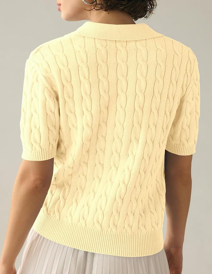 Imily Bela Womens Cable Short Sleeve Sweaters Tops Lapel V Neck Knit Shirt | Solid,Knit Casual,Soft Pullover,Fall Sweaters,Womens Summer Work Tops