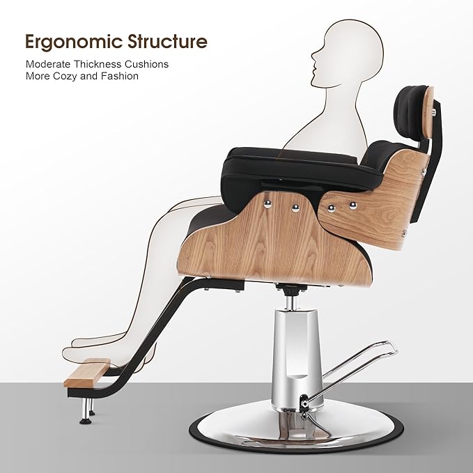 BarberPub Bend Wooden Salon Chair Hydraulic Chair Hair Cutting Beauty Spa Styling Equipment 8261 (Black)