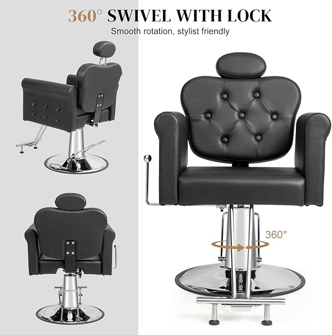 OmySalon All Purpose Salon Chair with Reclining Back & Tufted Button, Stylist Chairs for Salon, Barber Chair Heavy Duty Hair Chair for Braiding Makeup Threading Waxing, Black