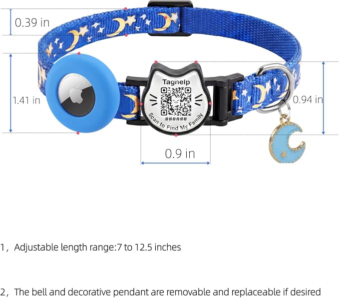 QR Code Cat Collar with Built-in AirTag Holder & Bell, Smart Pet ID with Online Profile, GPS Tracking Breakaway Collar for Cats & Puppies, Adjustable 7.5–12.5”, Blue