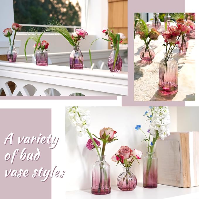Bud Vases 24 in Bulk, Small Purple Vase Glass Vases for Flowers Vintage Ribbed Colored Wedding Flower Vase for Decor in Bulk Decor Bridal Shower Centerpieces Home Table Decoration