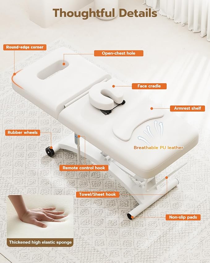 Paddie Electric Lift Spa Bed, Professional Stationary Massage Table with Hydraulic Backrest & Removable Breast Hole, Heavy Duty Medical Beauty Bed Mobile on Casters