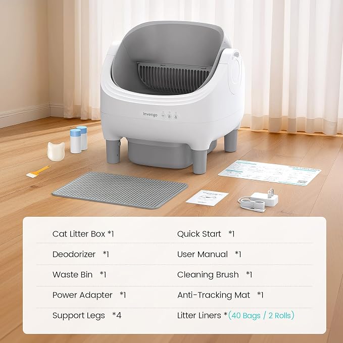 Invengo Automatic Cat Litter Box Self Cleaning, App Control, Open-Top Automatic Litter Box with Safety Sensors, Ultra-Quiet, 10.5L Waste Bin with Odor Control, 2 Rolls of Garbage Bags, Slate Gray