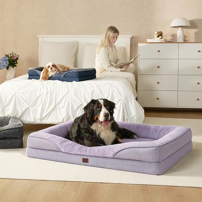EHEYCIGA Orthopedic XL Dog Bed for Large Dog, Memory Foam Dog Couch, Purple | 42x30 Inch Extra Large Sized Dog Sofa with Sides, Waterproof Liner & Washable Removable Cover, Bolster Pet Couch