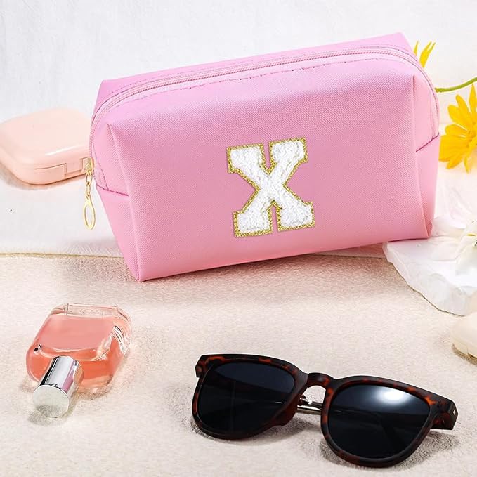 URSKYTOUS Initial Makeup Bag Personalized Preppy Travel Small Cosmetic Bag Cute PU Pink Chenille Letter Makeup Pouch for Purse Waterproof Zippered Toiletry Organizer for Women Girls Kids Friends (X)