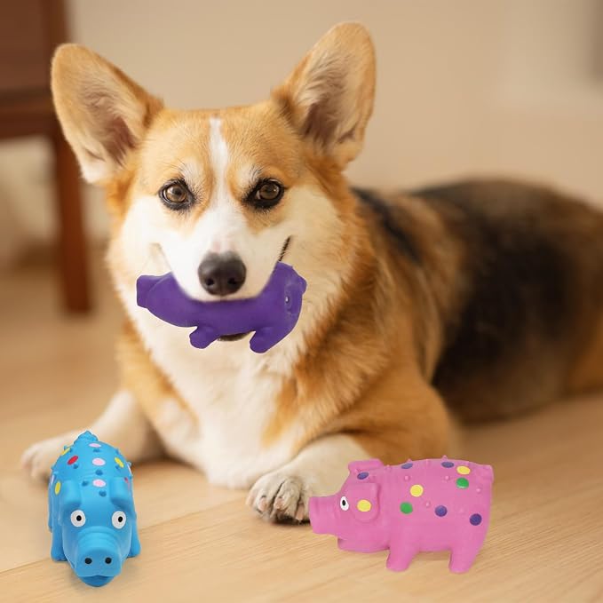 Squeaky Pig Dog Toys 3-Pack, Interactive Latex Piggy Chew Toys Set with Squeak Sounds for Teething Puppy, Small, Medium Dogs (Blue+Pink+Purple)