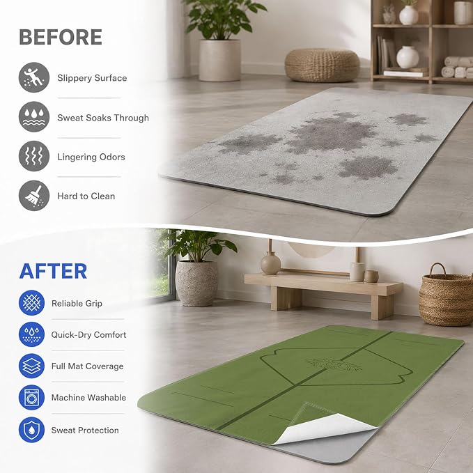 Yoga Mat Towel, Hot Yoga Non Slip with 4 Corner Pockets, 70 x 26 in | Soft Absorbent Microfiber With Four Corner Pockets, Fits Over Yoga Mats For Hot Yoga, Pilates, Gym, And Travel
