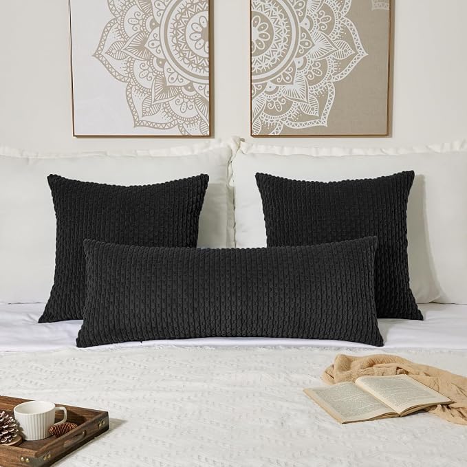 Kevin Textile Soft Corduroy 14"x36" Lumbar Pillow Cover 1 Pack, Black | Boho Stripe Plush Corduroy Decorative Oblong Cushion Cover Modern Farmhouse Home Decor for Sofa Couch Bed Chair