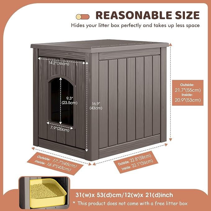 KAMABOKO Cat Litter Box Enclosure, Waterproof Plastic Hidden Litter Box Furniture with Openable Door, Multi-Functional Cat Furniture for Living Room Bedroom (Gray)