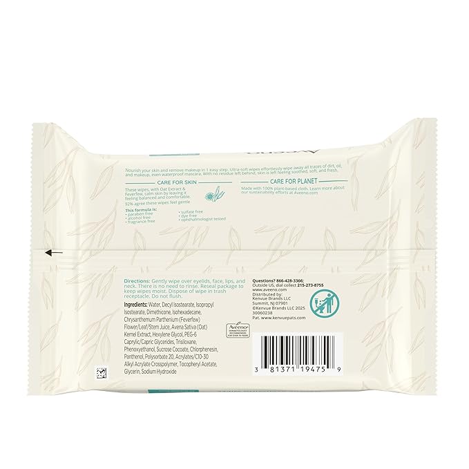 Aveeno Calm + Restore Unscented Makeup Remover Face Wipes, Fragrance Free Facial Cleansing Towelettes with Oat Extract & Calming Feverfew Leave Skin Feeling Soothed, Alcohol Free, 25 ct