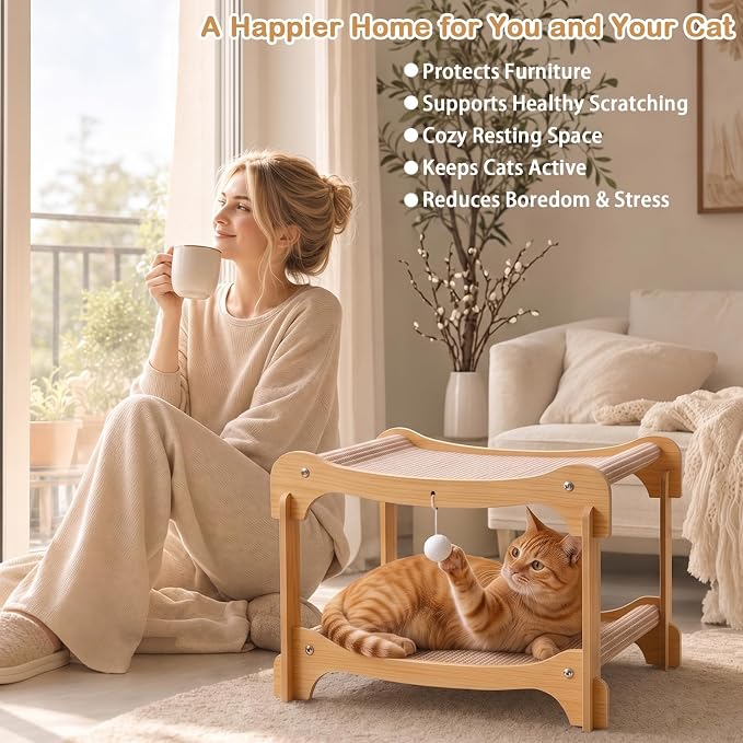 Two-Tier Sisal Cat Scratcher Bed, Solid Cats Scratching Post Hammock Lounge for Indoor Cats, Comfortable Cat Bed Natural Sisal Scratch Pad for Cats Scratcher Lounge, Sturdy Wooden Cat Furniture