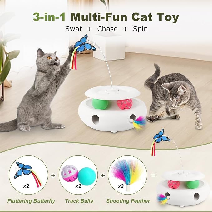 Cat Toys for Indoor Cats, 3-in-1 Interactive Cat Toy Automatic Kitten Toys with Fluttering Butterfly, Ambush Feather and Track Balls, Smart Sensor Wake-Up,USB Powered, Exercise & Boredom Relief