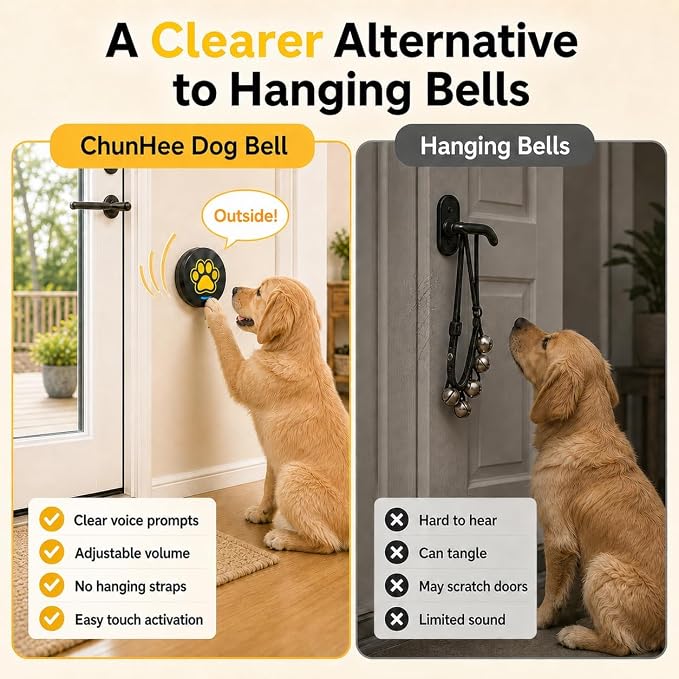 ChunHee Dog Bells to Go Outside, Touch Activated Dog Door Bell for Potty Training, Dog Bell for Door with 36 Built-in Sounds & Voice Commands, 5 Adjustable Volume Levels, Puppy Training Bell for Dogs
