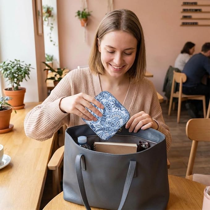 Paisley Flowers And Leaves Blue Bohemian Boho Floral Period Bag For Women,Portable Sanitary Napkin Period Pad Pouch For Purse, Small Make Up Bags