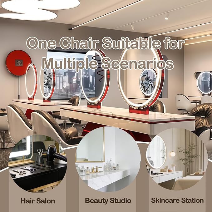 4-Person Salon Station for Hair Stylist with Retro-Futuristic Style, Barber Station includes LED Round Mirror, Red Metal Design, for Beauty Salon