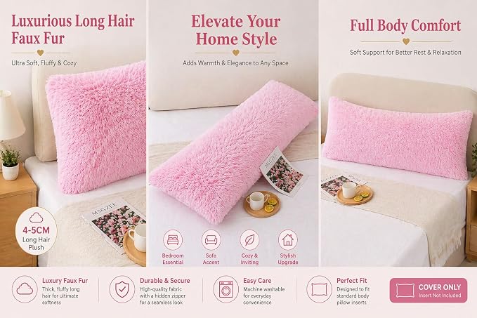 REAFORT Long Hair Faux Fur Body Pillow Cover 21"x54", Hidden Zipper (Pink) | Ultra-soft long hair faux fur with a hidden zipper offers luxurious comfort and is machine washable for easy care.