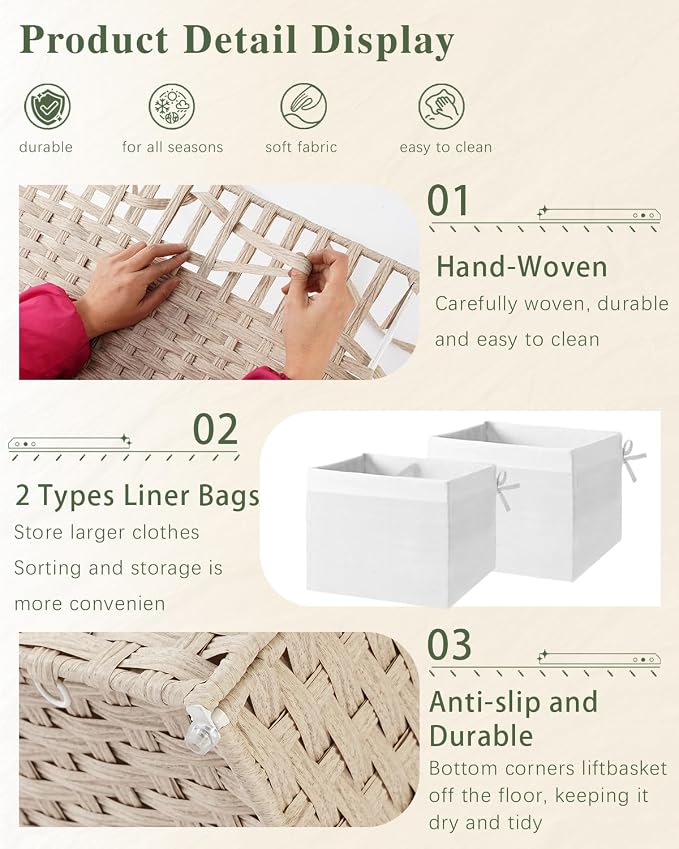 SETVSON Storage Basket with Lid 160L Wicker Baskets Storage Light Khaki | Divided Clothes Organizer,42.3 Gallon Dual Lid Jumbo Blanket Storage Trunk, 2 Washable Liner Bags, Collapsible PE Rattan Bin