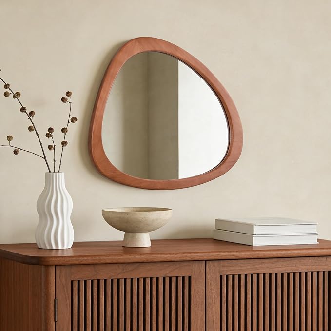 Asymmetrical Mirror, Irregular Wall Mirror for Bathroom, Bedroom, Living Room, Entryway, Hall - Walnut Wood Framed 23" H x 19" W