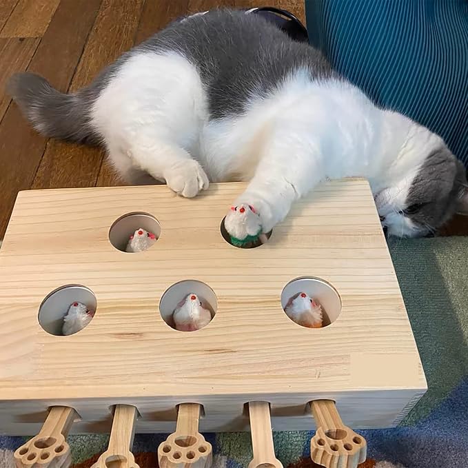 Interactive Wooden Whack-A-Mole Cat Toy, Engaging and Durable Play for Cats and Kittens, Keeps Pets Entertained and Stimulated, Natural Wood Design, Perfect for Indoor Exercise and Fun - Pet Gift Idea
