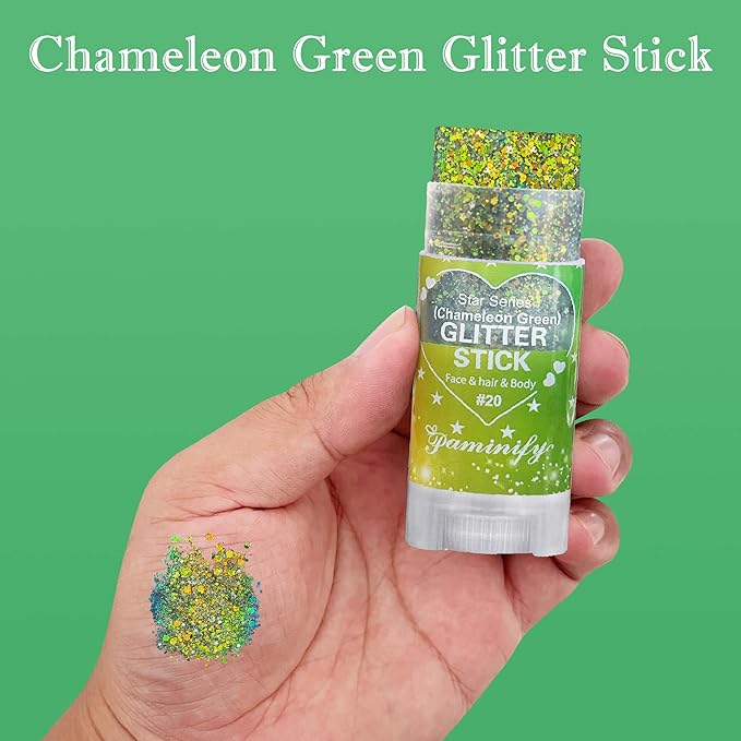 Chameleon Green Body Hair Glitter Stick,Gold Green Face Glitter Elphaba Costume Accessories,Waterproof Shimmer St Patrick's Day Outfit for Women,Mardi Gras Rave Singer Concert Makeup