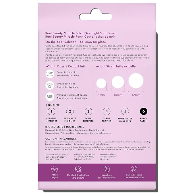 Rael Pimple Patches - Miracle Overnight Spot Cover, Thicker & Extra Adhesion, Hydrocolloid Acne Pimple Patch for Face, Zits & Blemishes, Korean Skin Care, 3 Sizes (104 Count)